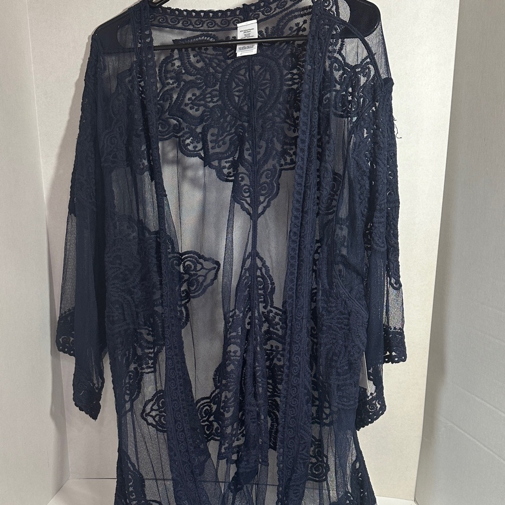Time and tru navy blue sheer lace kimono swimsuit cover up size 2x/3X
